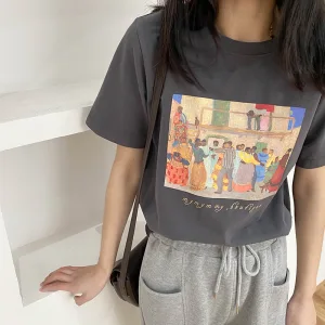Casual Summer Cartoon Printing Grey Loose T Shirts 2021 Cotton Scoop Neck Short Sleeve Women S Tops