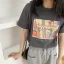 Casual Summer Cartoon Printing Grey Loose T-Shirts 2021 Cotton Scoop Neck Short Sleeve Women's Tops