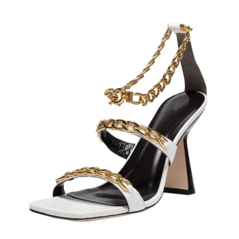 Sexy Romain Blanche Vêtement De Rue Sandales Femme 2021 Métal Bride Cheville 9 Cm Talons Aiguilles Peep Toes Bout Ouvert Sandales Talons Hauts