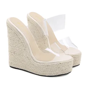 Sexy Transparent White Street Wear Summer Braid Womens Sandals 2021 16 Cm Wedges Open Peep Toe Sandals High Heels
