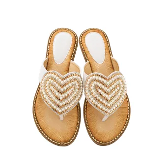Chic Belle Blanche Été Perle Faux Diamant Plage Plate Sandales Femme 2021 Peep Toes Bout Ouvert Sandales