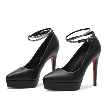 Mooie Prachtige Zwarte Avond Pumps 2021 Waterdichte Enkelband 12 Cm Naaldhakken Stiletto Spitse Neus Pumps Hoge Hakken
