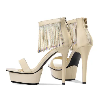 Charmant Sexy Champagne Chaussure De Mariée 2021 Cuir Bride Cheville Faux Diamant Gland 12 Cm Talons Aiguilles Peep Toes Bout Ouvert Mariage Sandales Talons Hauts