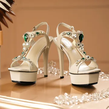 Charmerende Sexet Champagne Rhinestone Selskabs Sandaler Dame 2021 Læder T Strap 12 Cm Stiletter Peep Toe Sandaler Højhælede