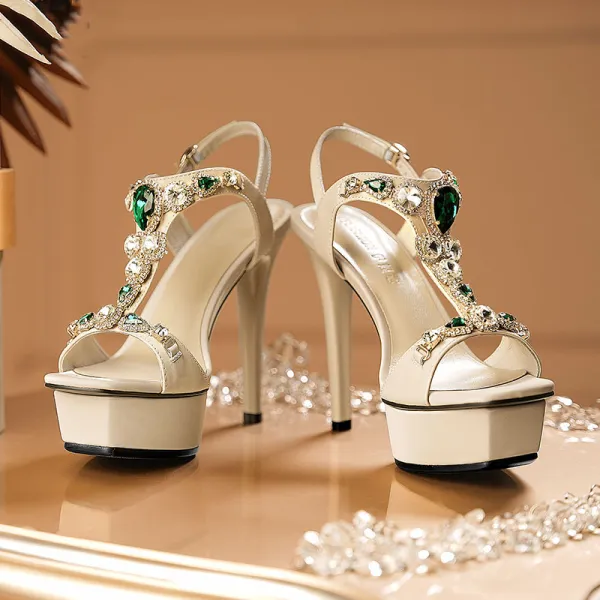 Charming Sexy Champagne Rhinestone Evening Party Womens Sandals 2021 Leather T-Strap 12 cm Stiletto Heels Open / Peep Toe Sandals High Heels