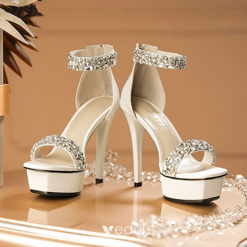 Charming White Rhinestone Wedding Shoes 2021 Leather Ankle Strap 12 cm Stiletto Heels Open Peep Toe Wedding Shoes High Heels