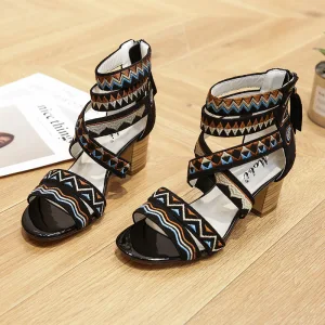 Bohemia Black Traditional Embroidered Street Wear Womens Sandals 2021 Ankle Strap 5 Cm Thick Heels Open Peep Toe Sandals High Heels