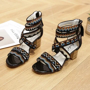 Bohême Noire Traditionnel Brodé Vêtement De Rue Sandales Femme 2021 Bride Cheville 5 Cm Talons Épais Peep Toes Bout Ouvert Sandales Talons Hauts