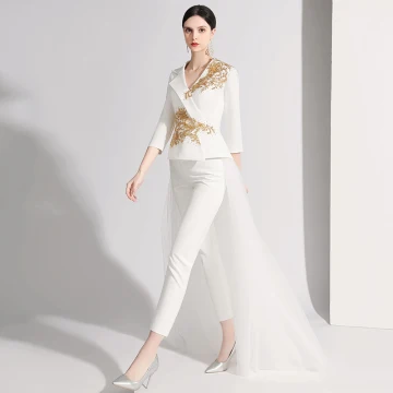 Mode Ivoire Paillettes Soirée Combinaison 2021 V Cou 3 4 Manches Dos Nu Longue Robe De Soirée