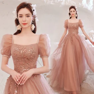 Vintage Originale Rougissant Rose Glitter Perlage Paillettes Robe De Soirée 2021 Princesse Appliques Encolure Carrée Manches Courtes Dos Nu Longue Soirée Robe De Ceremonie