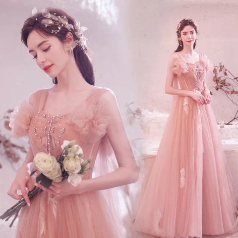 Encantador Rosa Clara Plisado Vestidos de noche 2021 A-Line / Princess Correas Cruzadas Perla Rhinestone Escote Cuadrado Sin Mangas Sin Espalda Largos Noche Vestidos Formales