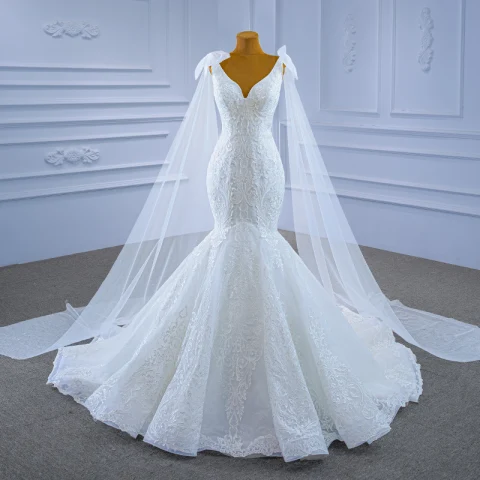 High-end White Lace Flower Wedding Dresses 2021 Trumpet / Mermaid V-Neck Long Sleeve Backless Court Train Wedding