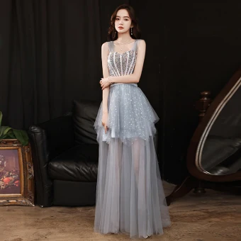 Scintillantes Sexy Gris Robe De Bal 2021 Princesse Encolure Carrée Perlage Paillettes Manches Courtes Dos Nu Longue Robe De Ceremonie