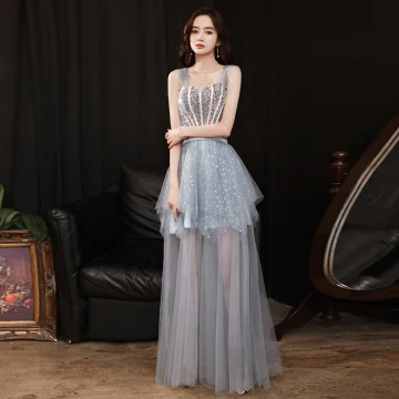 Sparkly Sexy Grey Prom Dresses 2021 A Line Princess Square Neckline Beading Sequins Short Sleeve Backless Floor Length Long Formal Dresses
