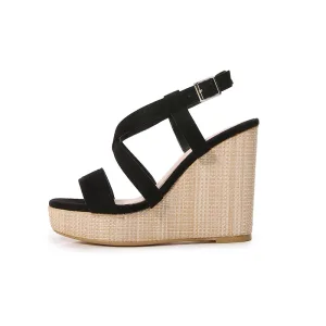 Vêtement De Rue Désinvolte Été Noire Sandales Femme 2021 Bride Cheville Imperméables 11 Cm Compensées Peep Toes Bout Ouvert Sandales Femme Talons Hauts