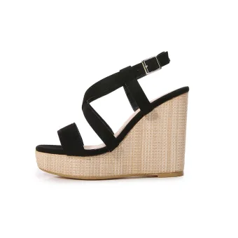 Street Wear Casual Summer Black Womens Sandals 2021 Ankle Strap Waterproof 11 Cm Wedges Open Peep Toe Womens Sandals High Heels