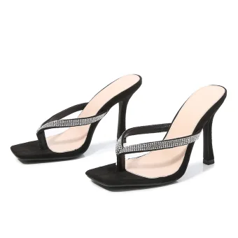 Désinvolte Été Vêtement De Rue Noire Faux Diamant Sandales Femme 2021 9 Cm Talons Aiguilles Peep Toes Bout Ouvert Sandales Femme Talons Hauts