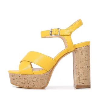 Mode Jaune Vêtement De Rue Sandales Femme 2021 Bride Cheville 10 Cm Talons Épais Peep Toes Bout Ouvert Sandales Femme Talons Hauts