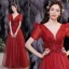Charming Burgundy Glitter Evening Dresses  2021 A-Line / Princess V-Neck Beading Sequins Short Sleeve Backless Floor-Length / Long Formal Dresses