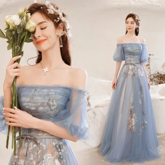 Charming Sky Blue Lace Flower Prom Dresses 2021 A Line Princess Off The Shoulder Sash Bow Short Sleeve Backless Floor Length Long Prom Formal Dresses
