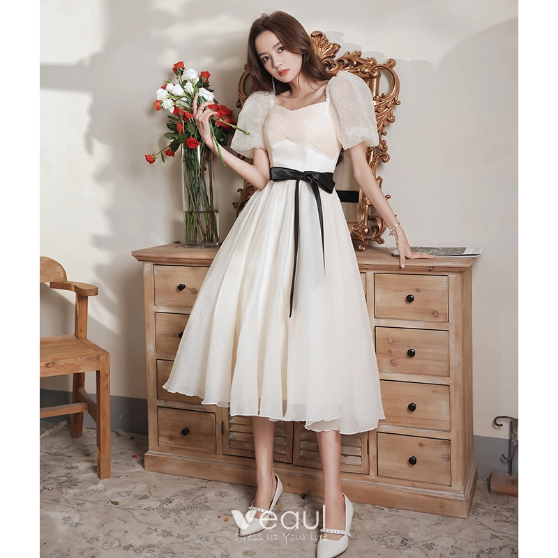 Lovely Champagne Graduation Dresses Zipper Up 2021 A-Line / Princess Square Neckline Puffy Short Sleeve Sash Bow Backless Tea-length Prom Formal Lovely Champagne Graduation Dresses Zipper Up 2021 A-Line / Princess Square Neckline Puffy Short Sleeve Sash Bow Backless Tea-length Prom Formal