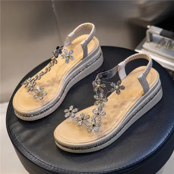 Mode Goud Straatkleding Rhinestone T Strap Platte Sandalen Dames 2021 Peep Toe Sandalen