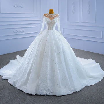 Luxury Gorgeous High End Ivory Glitter Beading Crystal Rhinestone Wedding Dresses 2021 Ball Gown High Neck Appliques Sequins 3 4 Sleeve Royal Train