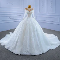 Luxe Haut de Gamme Ivoire Glitter Perlage Cristal Faux Diamant Robe De Mariée 2021 Robe Boule Col Haut Appliques Paillettes 3/4 Manches Royal Train
