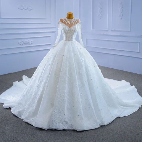 Luxury / Gorgeous High-end Ivory Glitter Beading Crystal Rhinestone Wedding Dresses 2021 Ball Gown High Neck Appliques Sequins 3/4 Sleeve Royal Train