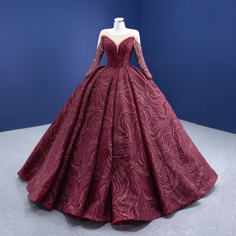 Haut de Gamme Bordeaux Perlage Paillettes Robe De Bal 2021 Encolure Dégagée Manches Longues Tribunal Train Promo Robe De Ceremonie