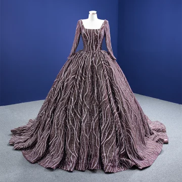High End Coffee Glitter Sequins Prom Dresses 2021 Ball Gown Square Neckline Long Sleeve Court Train Prom Formal Dresses