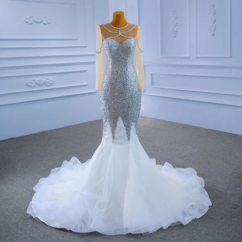 Sparkly Charming Silver Beading Sequins Rhinestone 2021 Trumpet / Mermaid Scoop Neck Long Sleeve Court Train Wedding Dresses