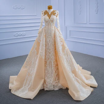 Haut De Gamme Champagne Perle En Dentelle Fleur Robe De Mariée 2021 Trompette Sirène Col Haut Manches Longues Longue Mariage