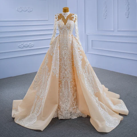 High-end Champagne Pearl Lace Flower Wedding Dresses 2021 Trumpet / Mermaid High Neck Long Sleeve Floor-Length / Long Wedding
