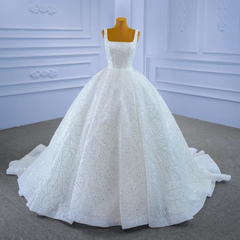 High-end Charming Ivory Beading Rhinestone Sequins Wedding Dresses 2021 Ball Gown Square Neckline Long Sleeve Backless Court Train Wedding