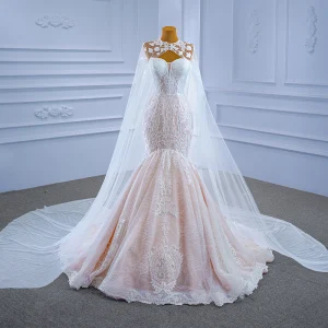 Sjarmerende Champagne Beading Blonder Blomst Brudekjoler 2021 Trompet Havfrue Strapless Langermede Ryggløse Domstol Tog Bryllup