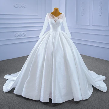 Haut De Gamme Ivoire Robe Boule Robe De Mariée 2021 V Cou Manches Longues Dos Nu Chapel Train Mariage
