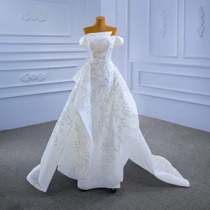Charming Ivory Beading Sequins Lace Flower Cascading Ruffles Wedding Dresses 2021 A Line Princess Off The Shoulder Short Sleeve Backless Court Train Wedding