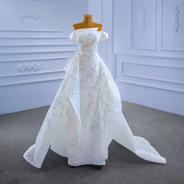 Charming Ivory Beading Sequins Lace Flower Cascading Ruffles Wedding Dresses 2021 A Line Princess Off The Shoulder Short Sleeve Backless Court Train Wedding