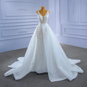 High End White Beading Pearl Sequins Wedding Dresses 2021 Trumpet Mermaid V Neck Sleeveless Backless Chapel Train Wedding