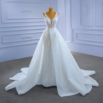 Haut De Gamme Blanche Perlage Perle Paillettes Robe De Mariée 2021 Trompette Sirène V Cou Sans Manches Dos Nu Chapel Train Mariage