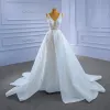 High-end White Beading Pearl Sequins Wedding Dresses 2021 Trumpet / Mermaid V-Neck Sleeveless Backless Chapel Train Wedding