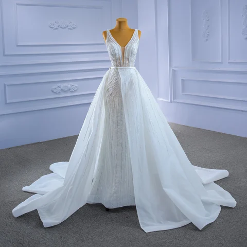 High End Weiß Perlenstickerei Perle Pailletten Brautkleider / Hochzeitskleider 2021 Meerjungfrau V-Ausschnitt Ärmellos Rückenfreies Kapelle-Schleppe Hochzeit