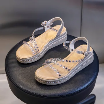 Sexy Doré Vêtement De Rue Été Perle Faux Diamant Sandales Femme 2021 Peep Toes Bout Ouvert Sandales