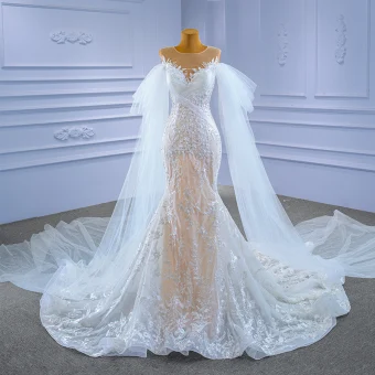 Haut De Gamme Charmant Blanche Watteau Train Robe De Mariée 2021 Trompette Sirène Encolure Dégagée Perlage Perle Paillettes En Dentelle Fleur Sans Manches Chapel Train Mariage
