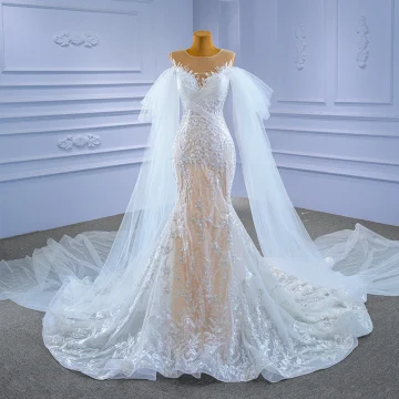 High End Charming White Watteau Train Wedding Dresses 2021 Trumpet Mermaid Scoop Neck Beading Pearl Sequins Lace Flower Sleeveless Chapel Train Wedding