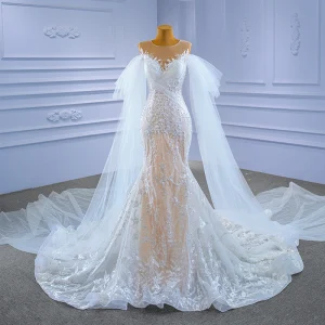 Gama Alta Encantador Blanco Watteau Train Vestidos De Novia 2021 Trumpet Mermaid Scoop Escote Rebordear Perla Lentejuelas Con Encaje Flor Sin Mangas Chapel Train Boda