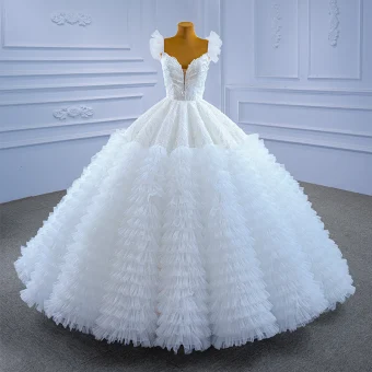 Luxe Blanche Plissée En Dentelle Fleur Robe De Mariée 2021 Robe Boule Encolure Carrée Perlage Paillettes Sans Manches Dos Nu Chapel Train Mariage