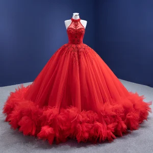 Charming Red Ruffle Wedding Dresses 2021 Ball Gown High Neck Beading Rhinestone Sleeveless Backless Cathedral Train Wedding