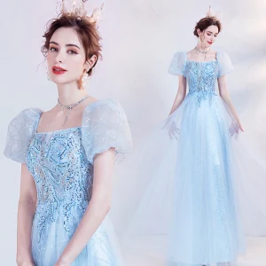 Chic Belle Bleu Ciel Robe De Bal Robe De Bal 2021 Princesse Encolure Carrée Perlage Perle Paillettes En Dentelle Fleur Manches Courtes Dos Nu Longue Promo Robe De Ceremonie